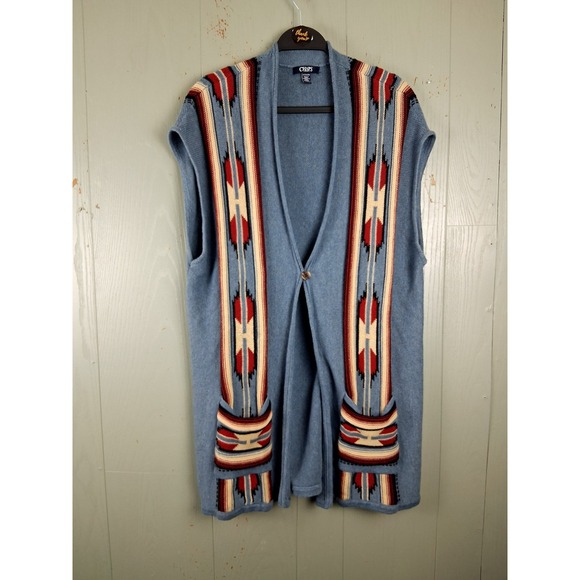 Chaps Womens Cardigan Sweater 2X Blue Aztec Western Long Loose - Picture 3 of 8